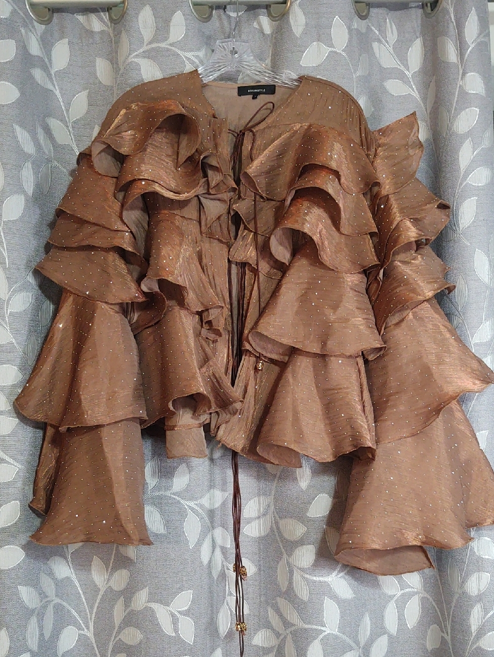 Beulah Style Ruffled Metallic Brown Dot Tie-Front Jacket Top size M